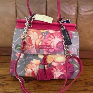 Cavalcanti Floral Leather Crossbody Bag Taupe Pink Made in Italy
